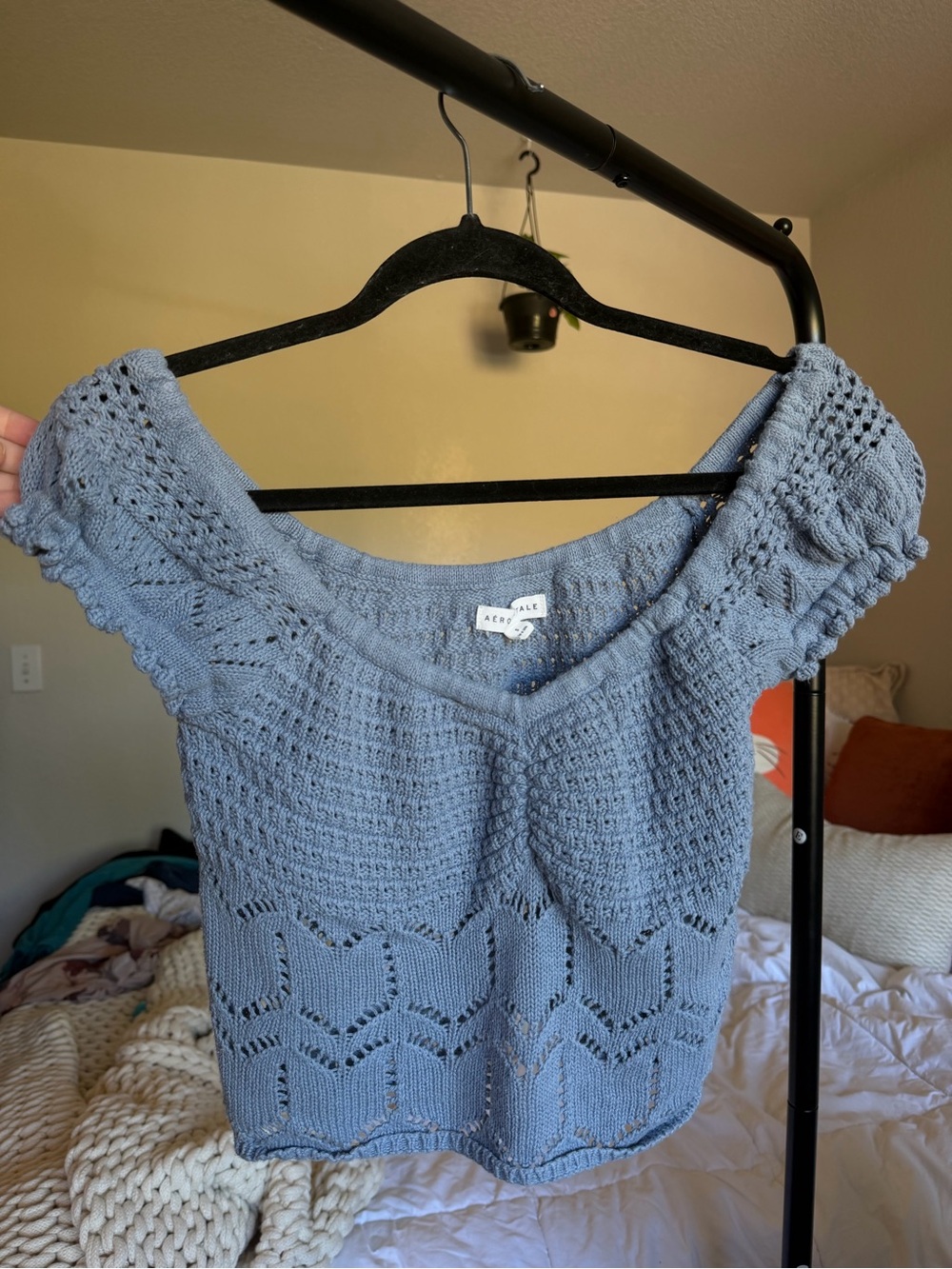 Aeropostale Off-the-Shoulder Crochet Knit Sweater Top in Dusty Blue